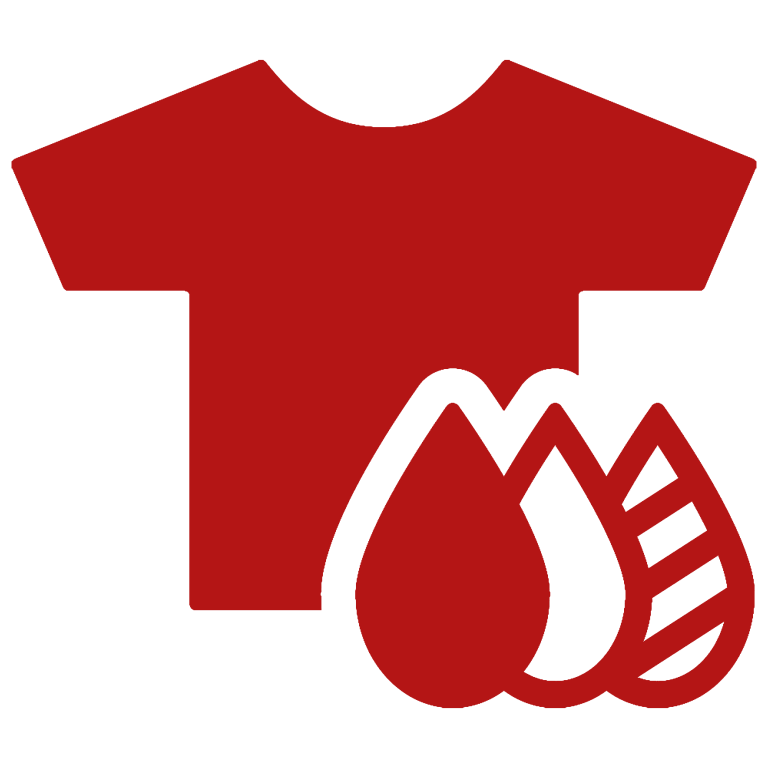 Rotes T-Shirt mit Farbklecksen und Tropfen symbolisiert Textilverarbeitung.